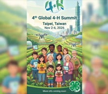 An illustration of people standing in a field. 4-H clover near the bottom. At the top, the words "4-H Fourth Global 4-H Summit; Taipei, Taiwan; November 2-6, 2026."